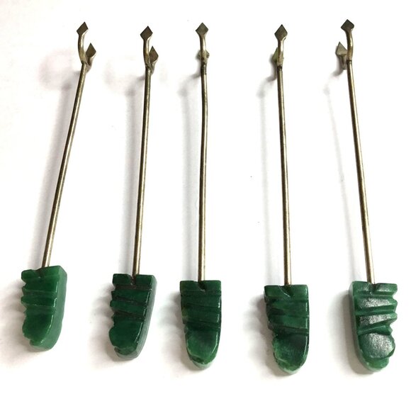 Vintage Jade or Malachite Cocktail Picks Set of 5 – Carved Stone Cocktail Picks - Picture 5 of 7